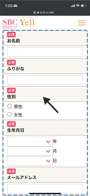 湘南美容(SBC)|必須項目の入力